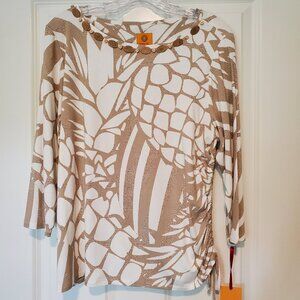 NWT Ruby Rd. Tan/Cream Pineapple Print Shirt w/Wood Bead neckline - Misses Large